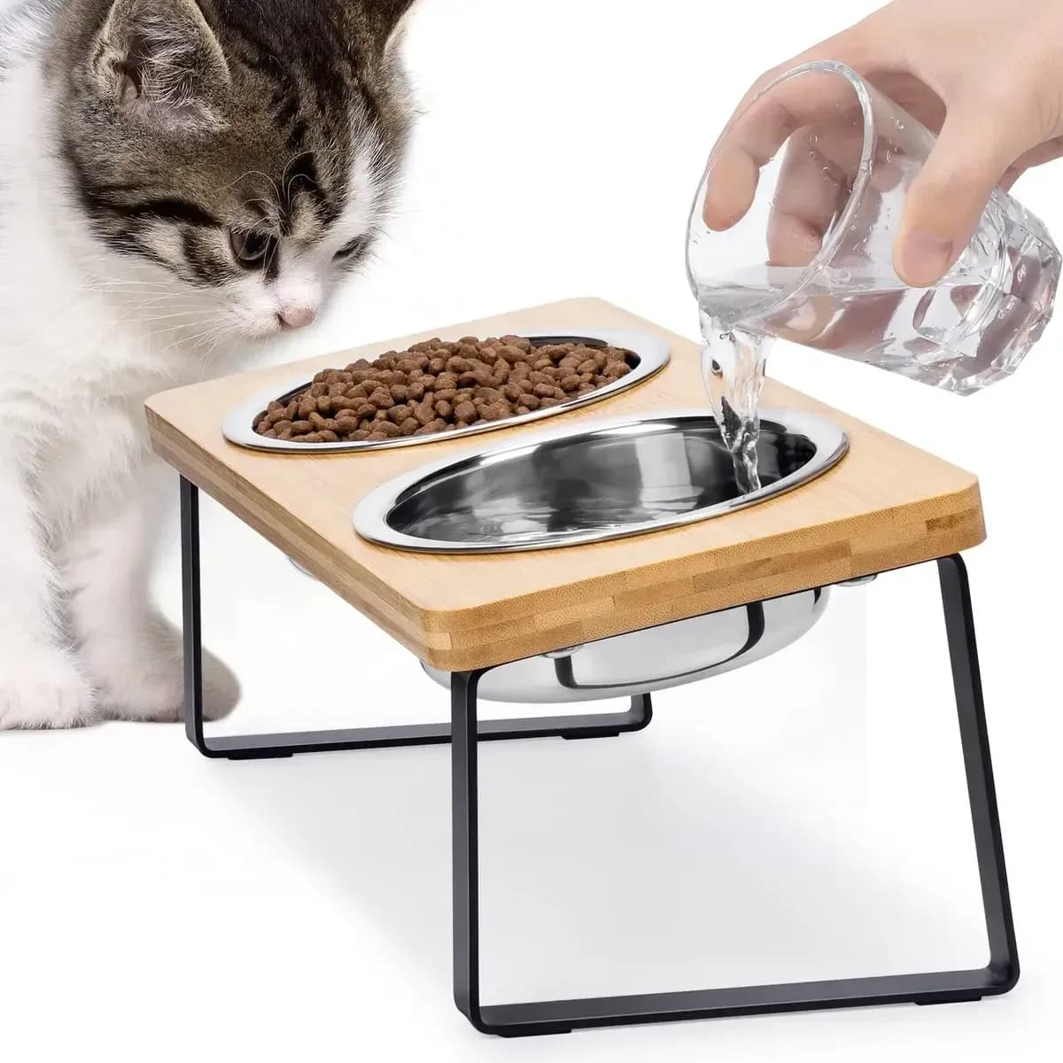 Comedero Doble Mascota Hierro Y Madera Comida Perro Gato