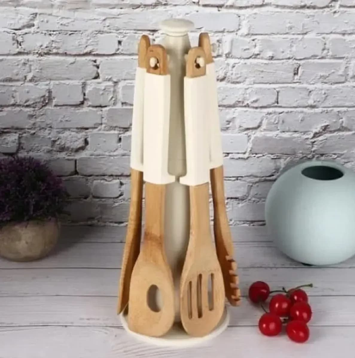 5 Utensillos De Cocina Madera Silicona C/ Soporte Premium Ms