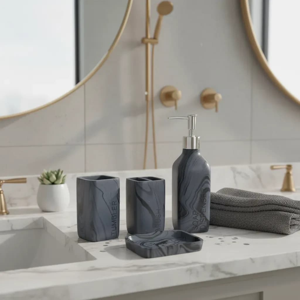 Set De Baño X4 Piezas Simil Marmol Dispenser Jabonera Vaso
