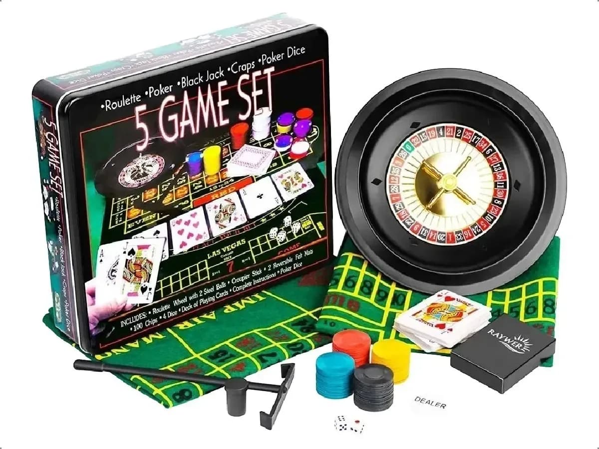 Set Juego 5 En 1 Ruleta Poker Black Jack Paño Fichas Naipes