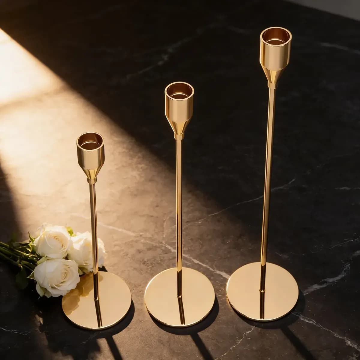 Set X3 Candelabros Portavelas Dorados Metal Decorativos