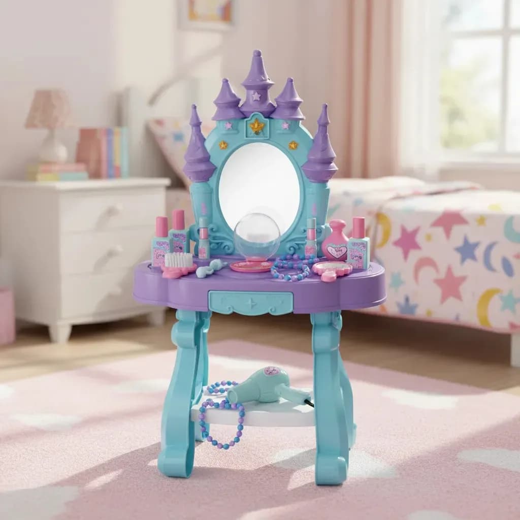 Tocador Infantil Princesa Con Luces Y Sonidos Para Niñas Y 20 Accesorios De Belleza