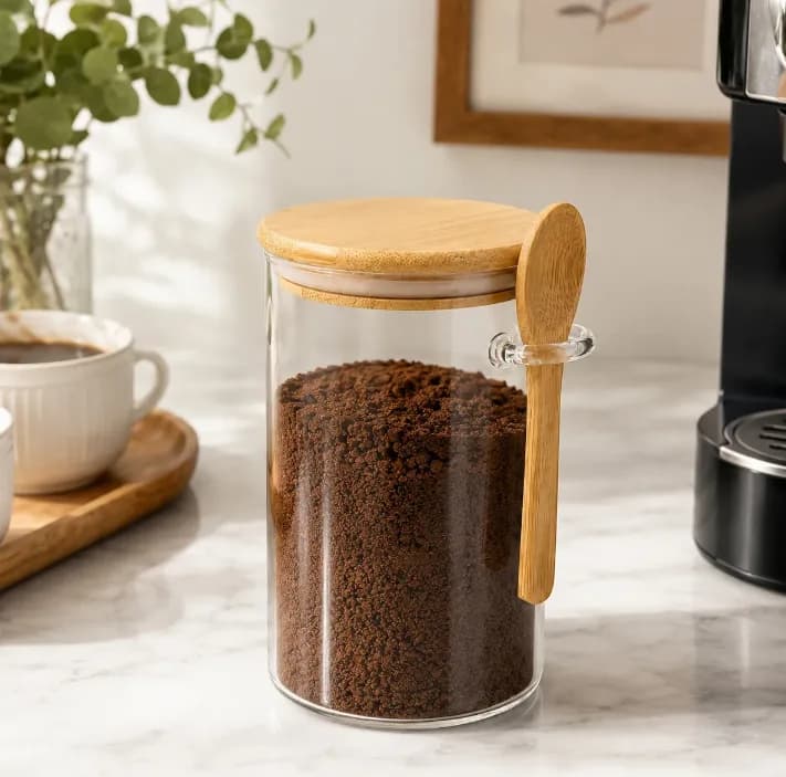 Frasco Vidrio Hermetico Tapa Bambu Con Cuchara