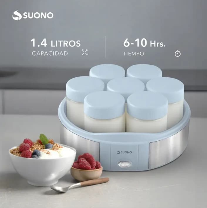 Yogurtera Suono 7 Vasos De Vidrio Yogurt Casero 1.4 L Celeste