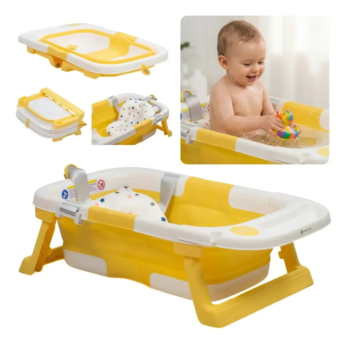 Bañera Bebé Ultra Plegable Mega Baby Con Red Acolchonada Color Amarillo