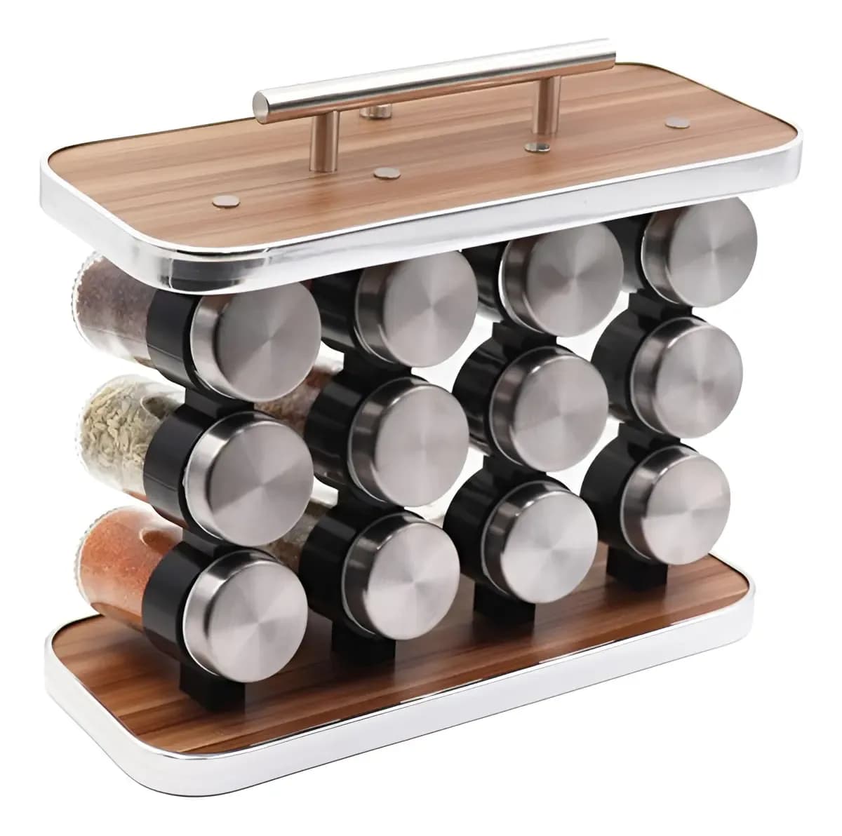 Especiero Condimentero 12 Frascos Acero Madera Organizador Color Cuadrado