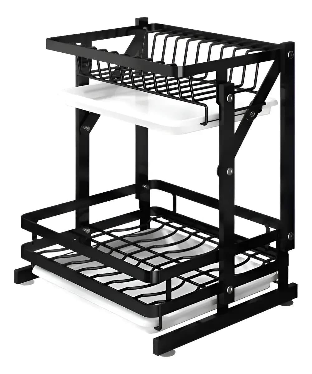 Escurridor De Platos Aluminio Inoxidable Plegable Negro Con 2 Niveles Y Cubiertero