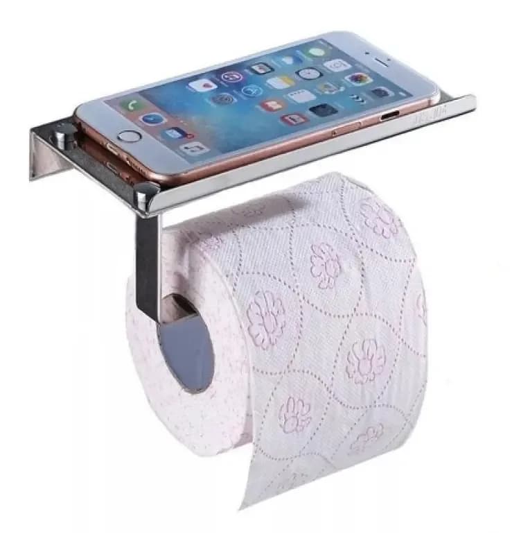 Soporte Portarrollo Papel Higiénico Ms Inoxidable Plateado Con Estante Celular
