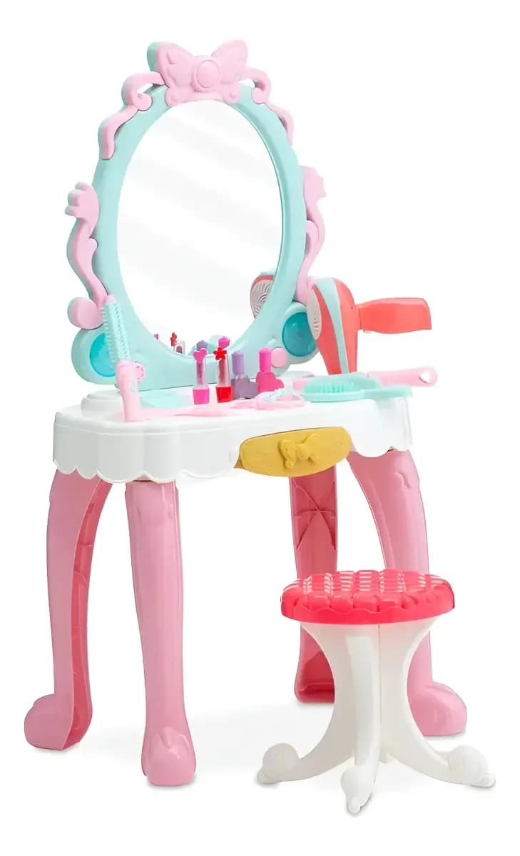 Tocador Infantil De Juguete Con Espejo, Luces Y Taburete – Set De Belleza Para Niñas