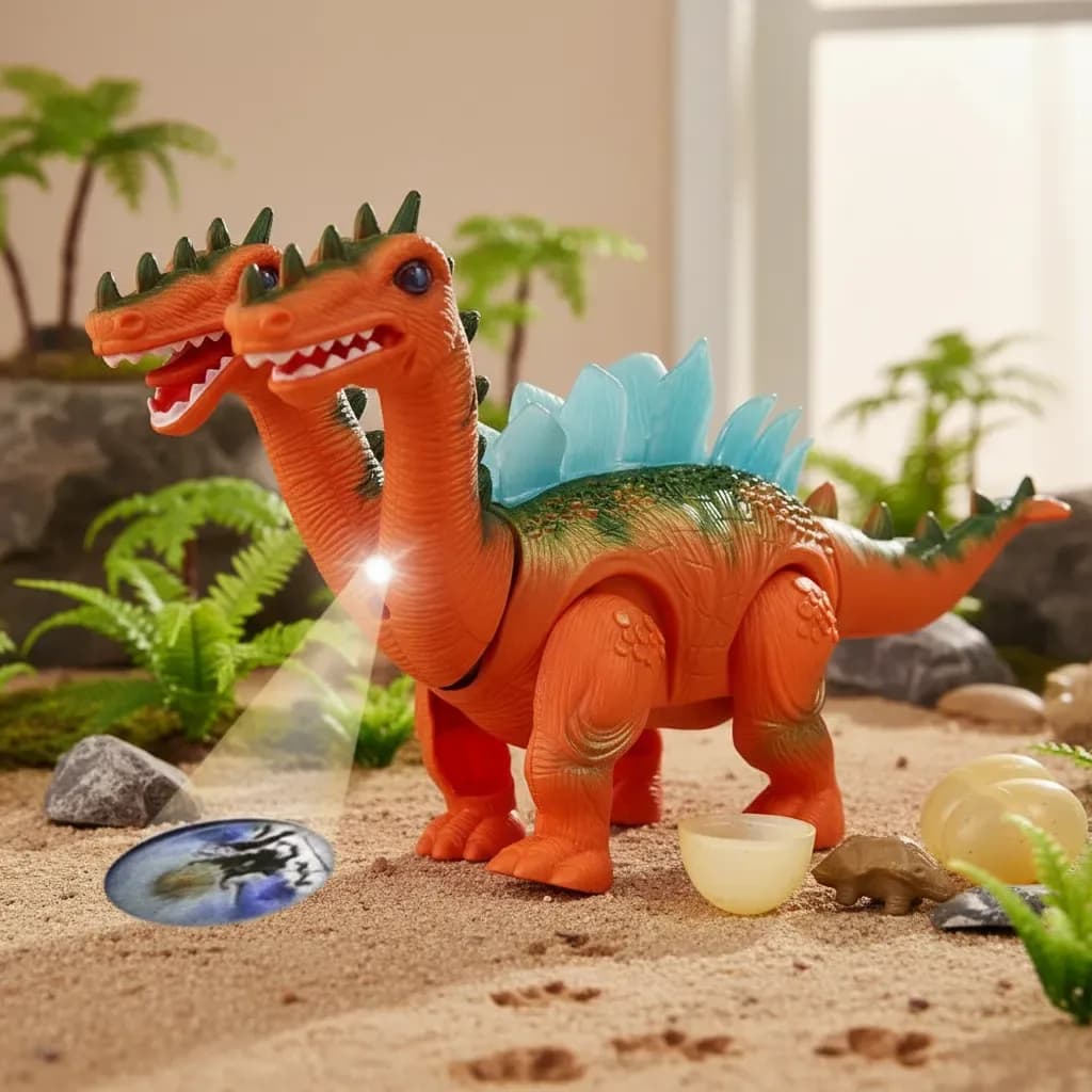 Juguete Dinosaurio 2 Cabezas Luz Sonido Camina Huevos 38 Cm